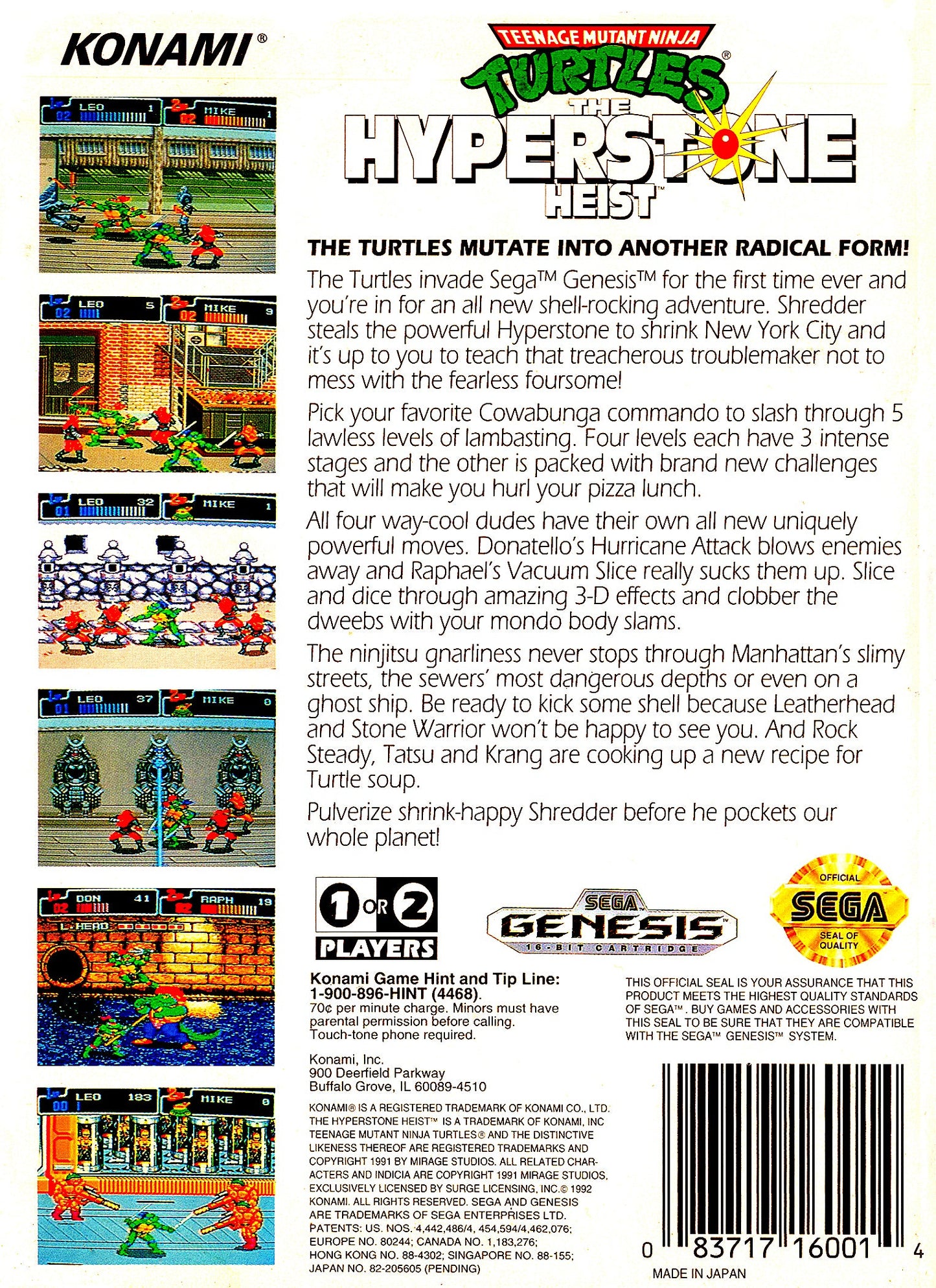 Teenage Mutant Ninja Turtles Hyperstone Heist Sega Genesis